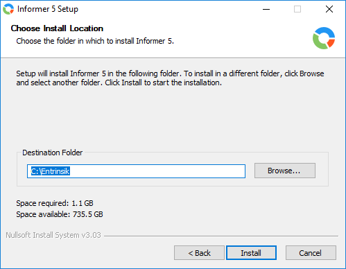 Choosing the install location, defaulting to C:\Entrinsik