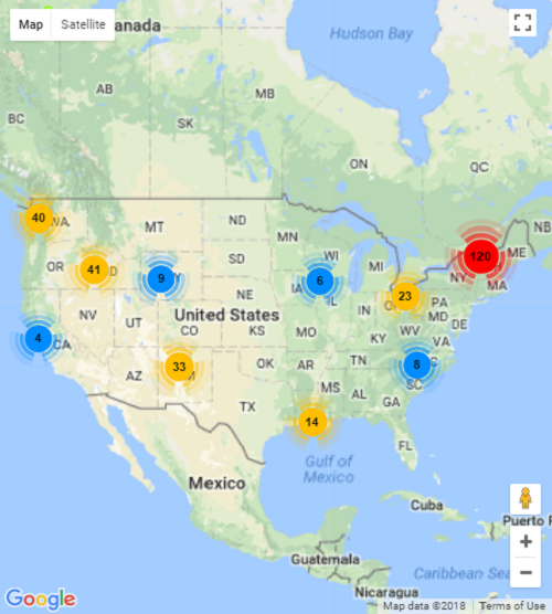 A Google Map of North America with clustered order-location markers