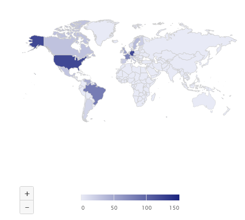 A choropleth world map shading countries by value