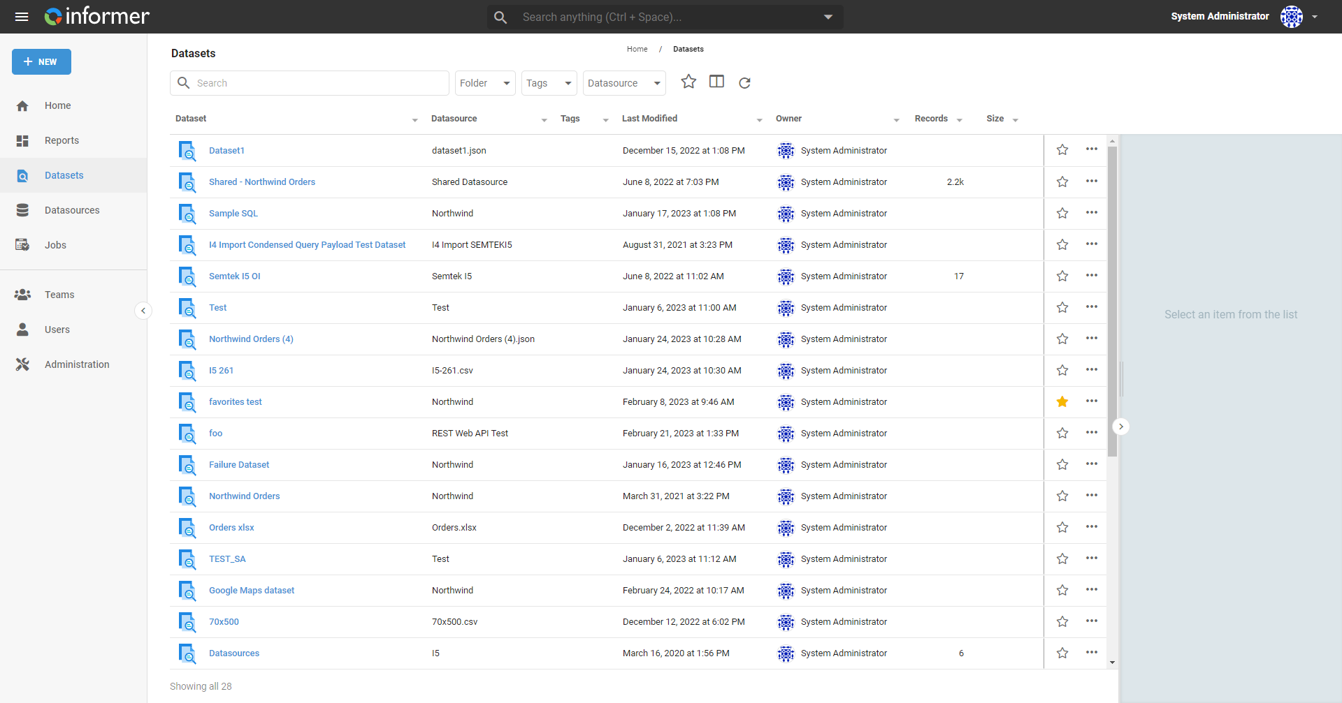 The Datasets listing page: the left navigation rail, a list of Datasets with Datasource, Tags, Last Refreshed, Owner, Records, and Size columns, and a details panel on the right