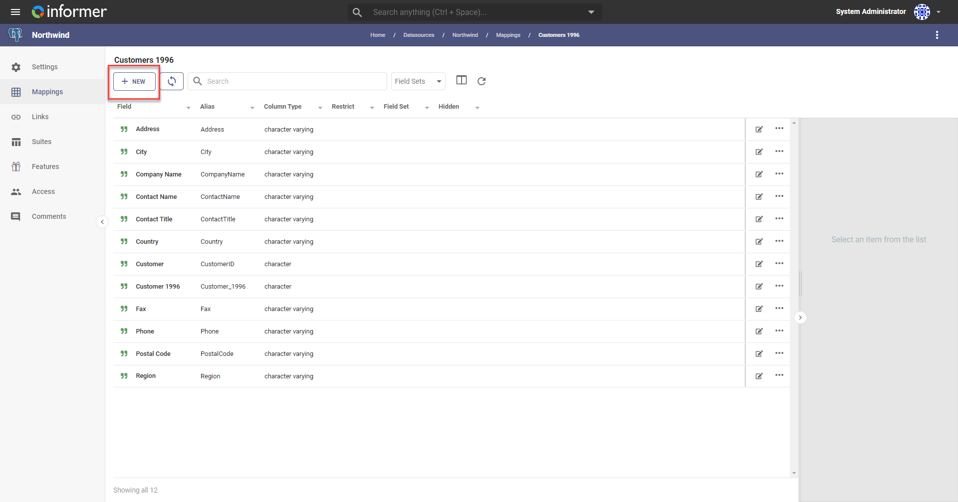 The Fields list for a Mapping with the + New button highlighted