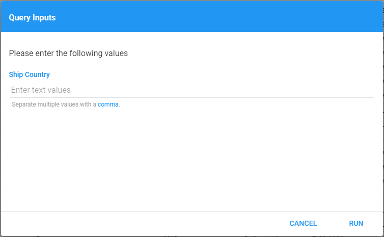 A run-time Query Inputs prompt asking for ship country values