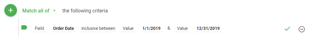 A single criteria row matching Order Date between 1/1/2019 and 12/31/2019 under Match all of