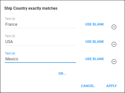 A Ship Country exactly matches dialog listing the values France, USA, and Mexico