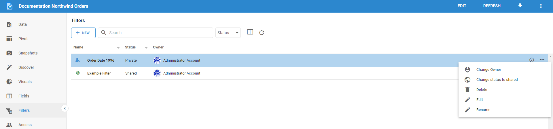 The Filters Listing Page with a row Actions menu open