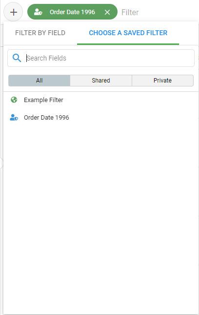 The saved-filter picker with Choose a Saved Filter, Shared, and Private tabs