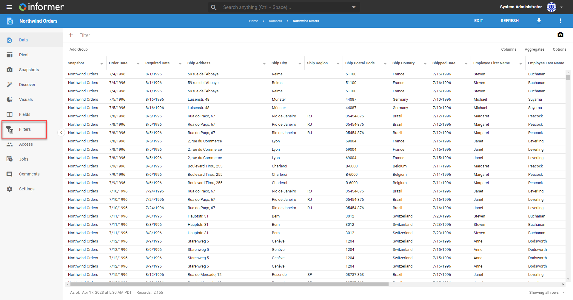 A Dataset with the Filters icon in the left panel