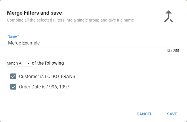 The Merge Filters and save dialog with a name and Match All option