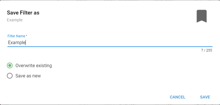 The Save Filter as dialog with Overwrite existing and Save as new options