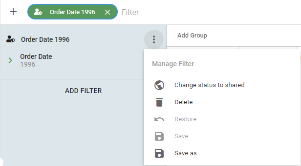 A saved Filter panel with the Manage Filter menu open