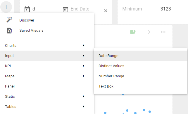 The Input type submenu listing Date Range, Distinct Value, Number Range, and Text Box