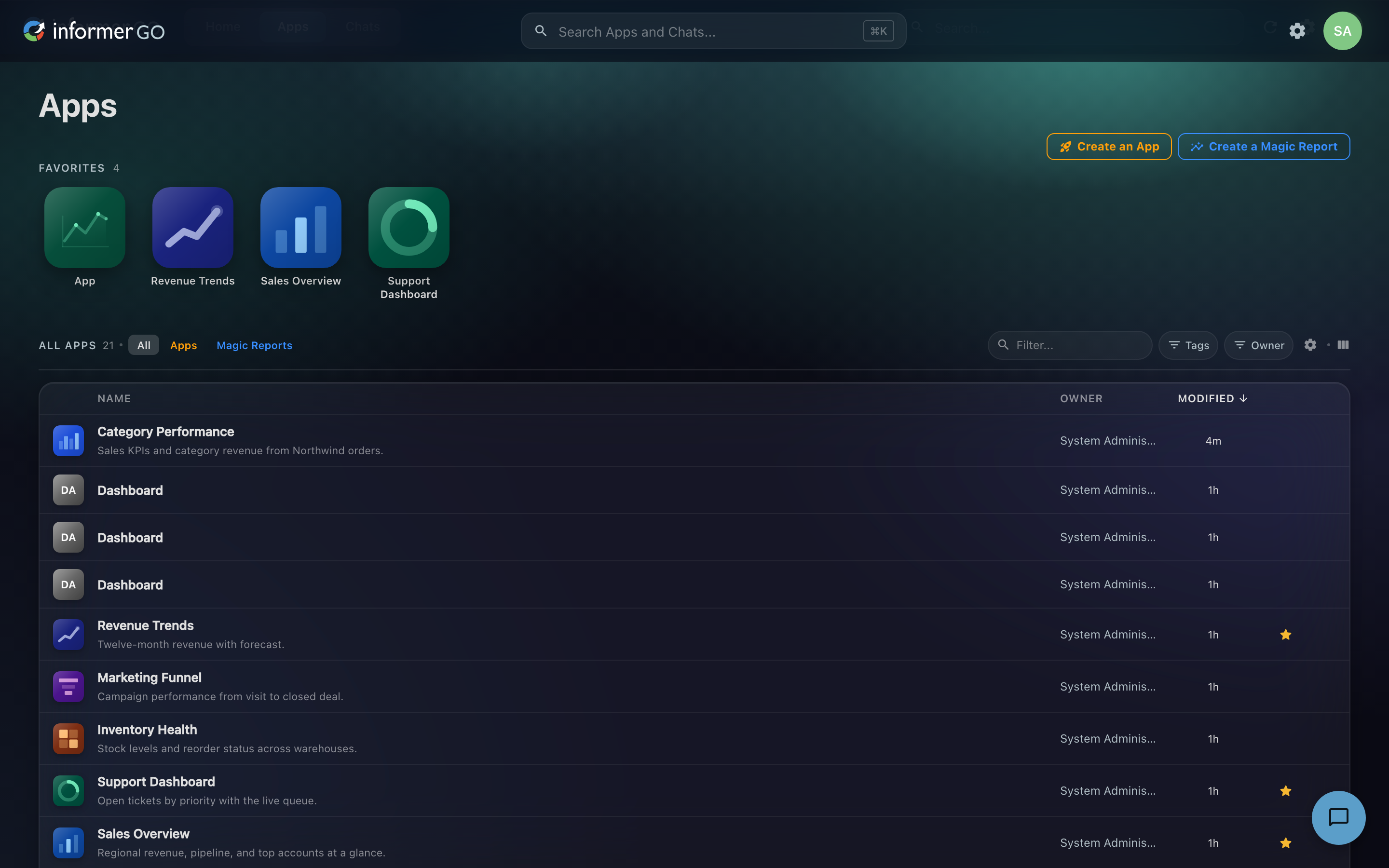 The Apps gallery in Informer GO listing Apps with names and descriptions
