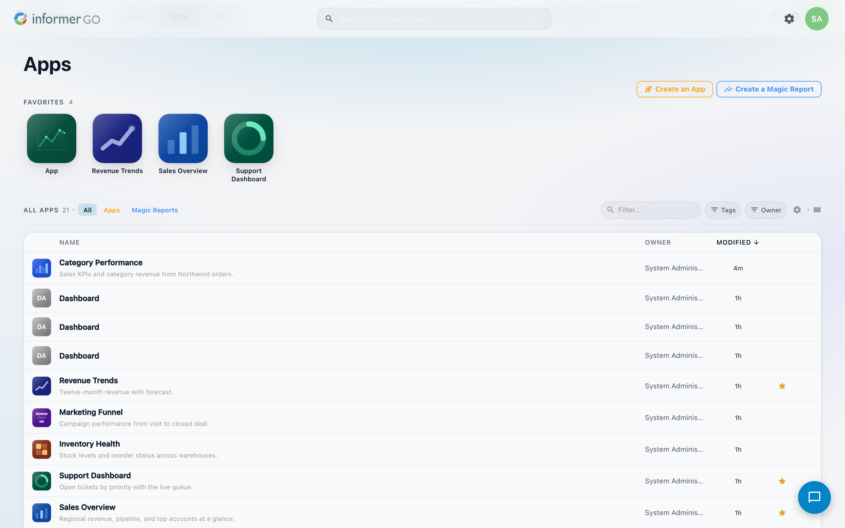 The Apps gallery in Informer GO listing Apps with names and descriptions