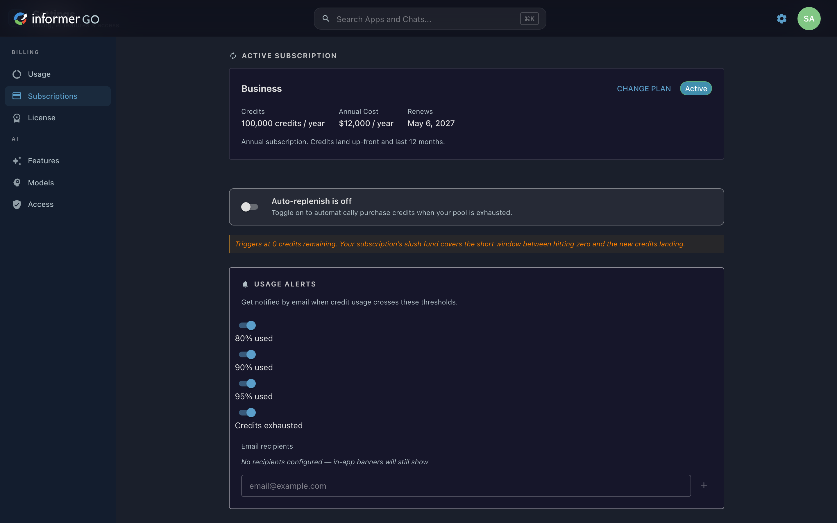 The Subscriptions page with the active subscription card showing the plan, annual credits, cost, and renewal date, a Buy Credits button, and the Billing History section below