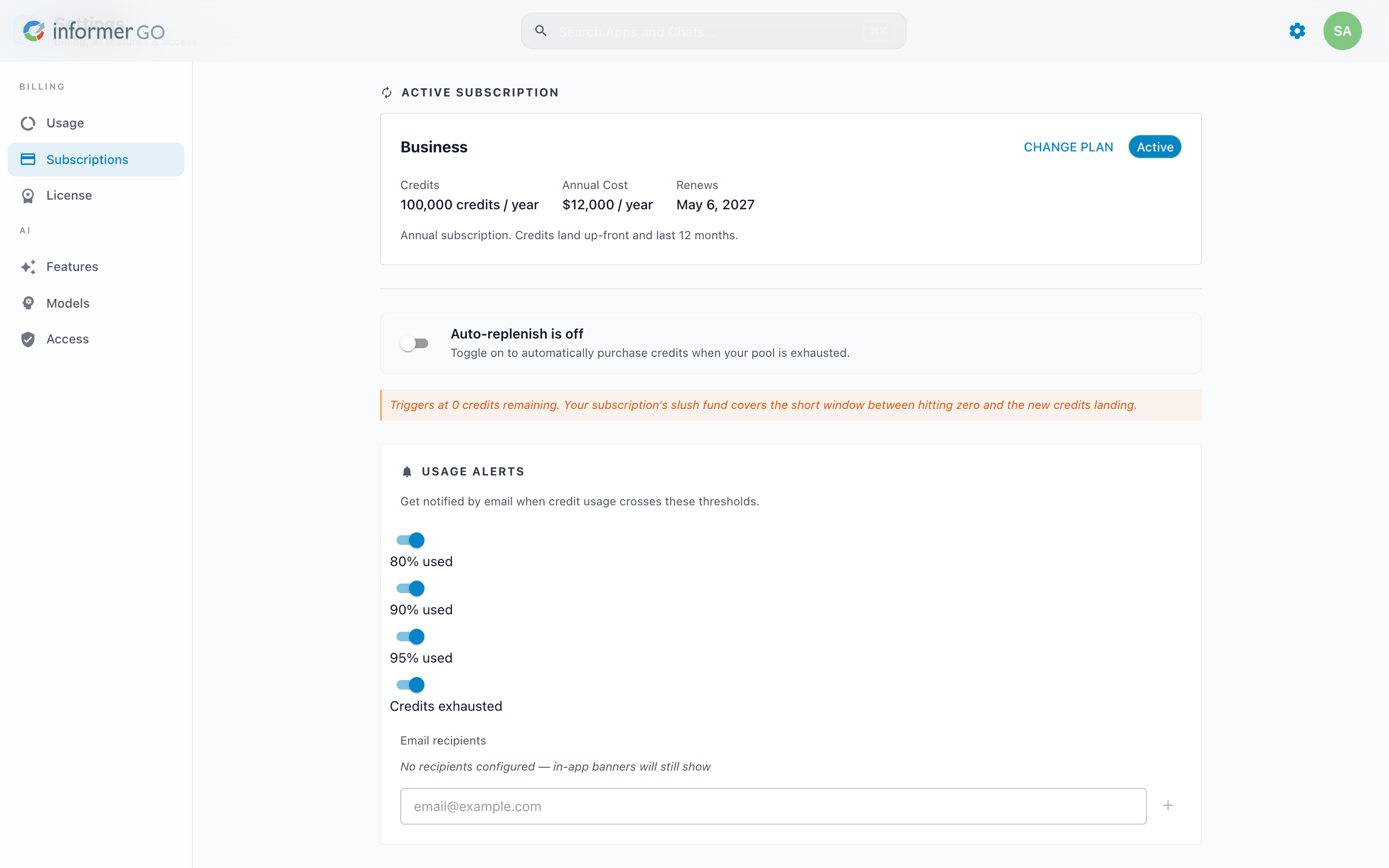 The Subscriptions page with the active subscription card showing the plan, annual credits, cost, and renewal date, a Buy Credits button, and the Billing History section below