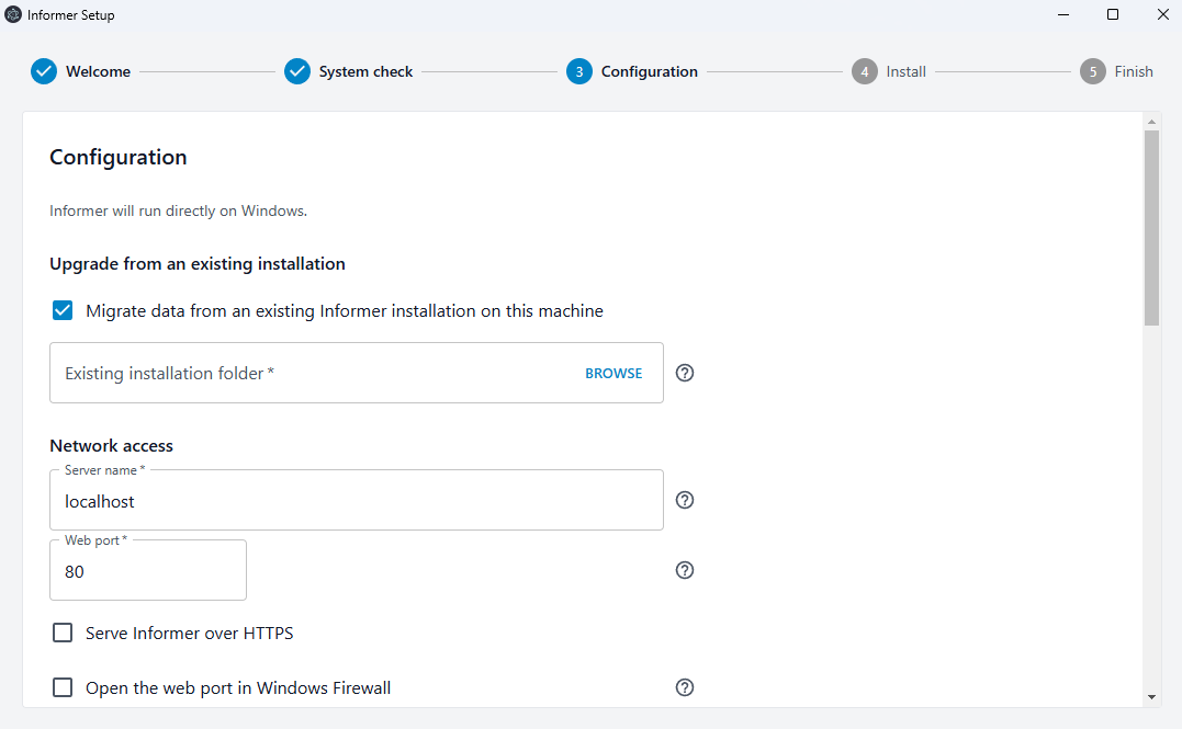 The Configuration screen, showing the migrate option and network access