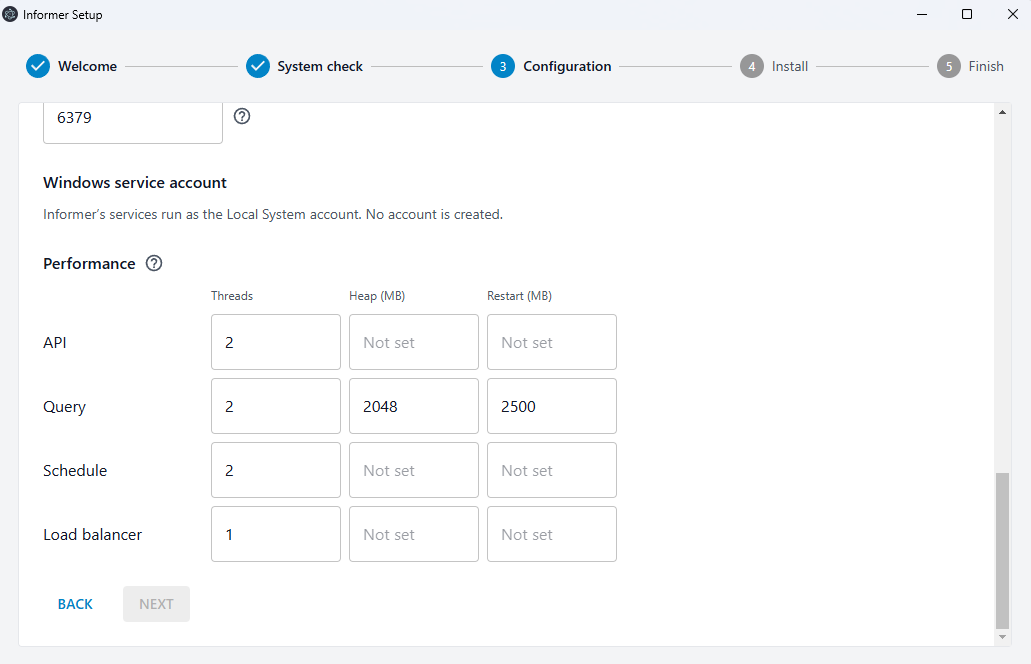 The Performance section with memory limits shown, the Query row set to a 2048 MB heap and a 2500 MB restart limit