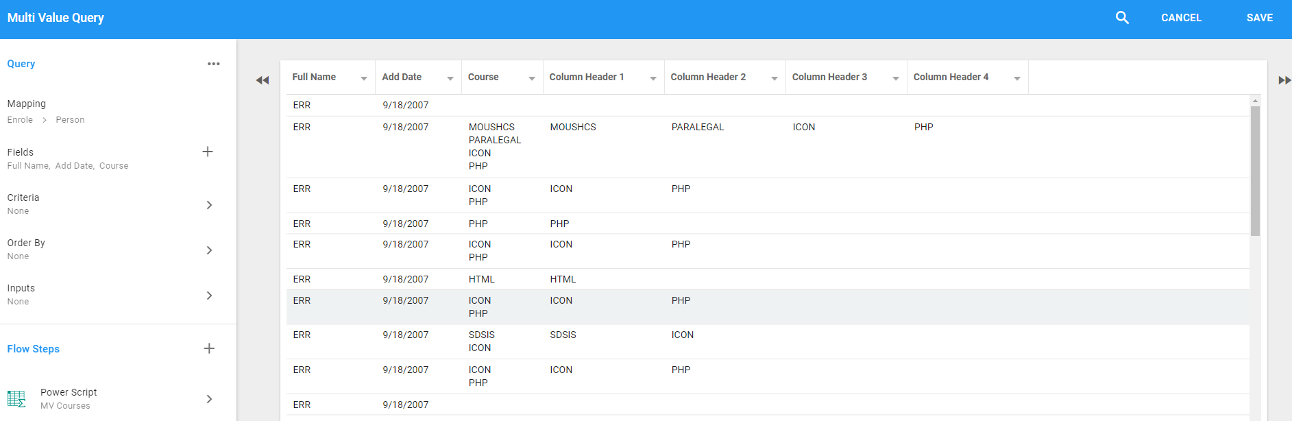 A Query result where each record's Course values are spread across Column Header 1 through Column Header 4