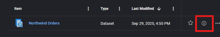 A Home page row for the Northwind Orders Dataset with its info icon highlighted