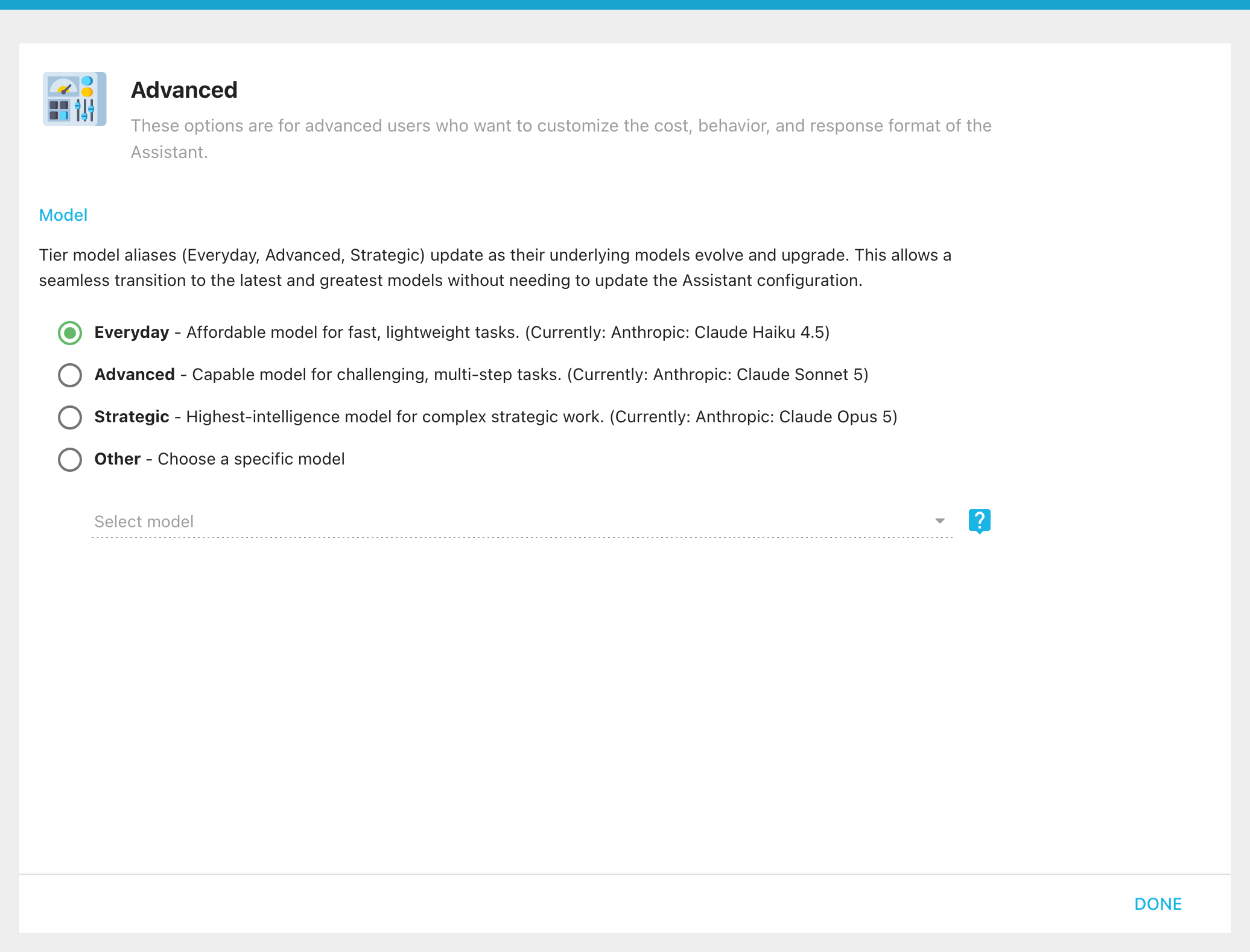 The Advanced section of the Assistant editor: a Model choice between Everyday, Advanced, Strategic, and Other, each tier showing the model it currently resolves to, with a Select model dropdown for Other
