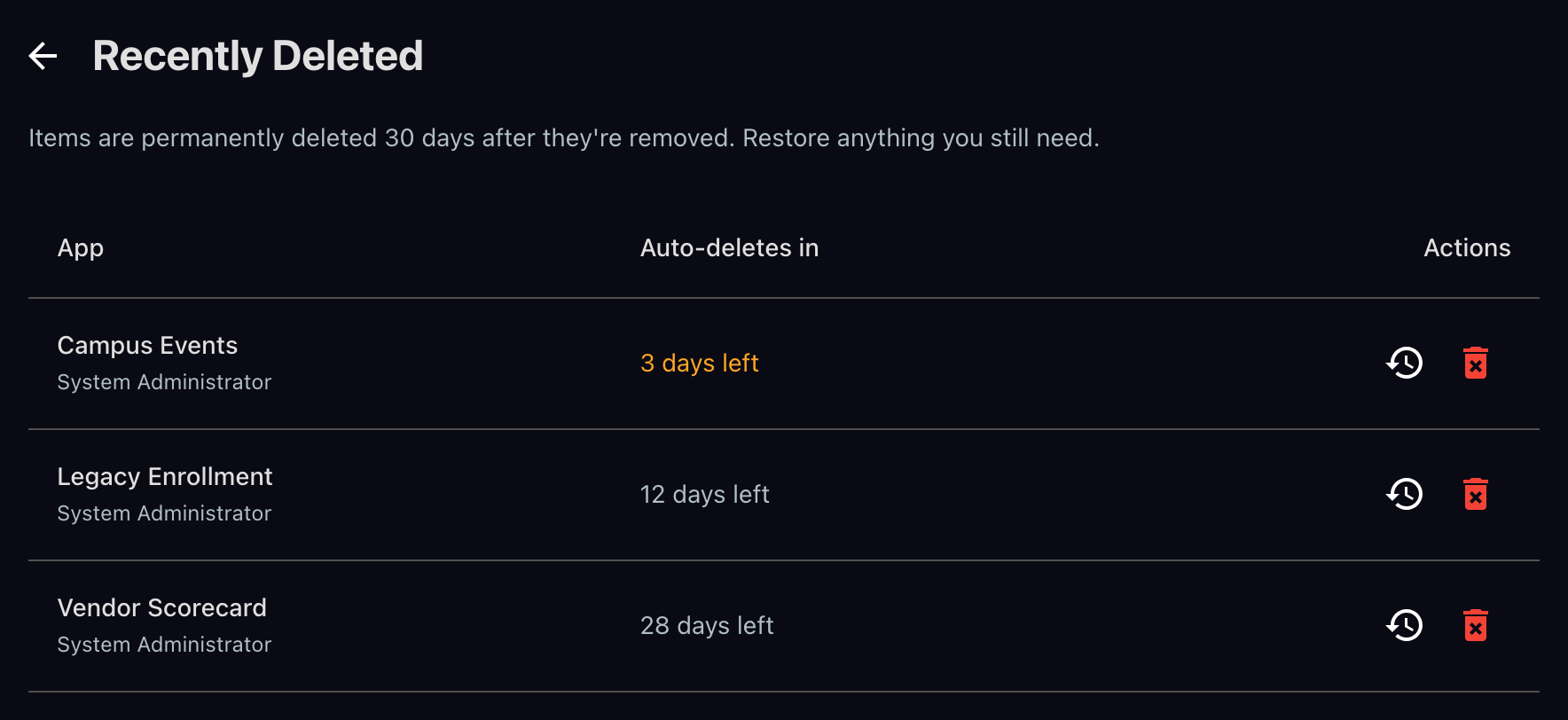 The Recently Deleted page listing three Apps with the time each has left before it is permanently deleted, and Restore and Delete permanently buttons on every row