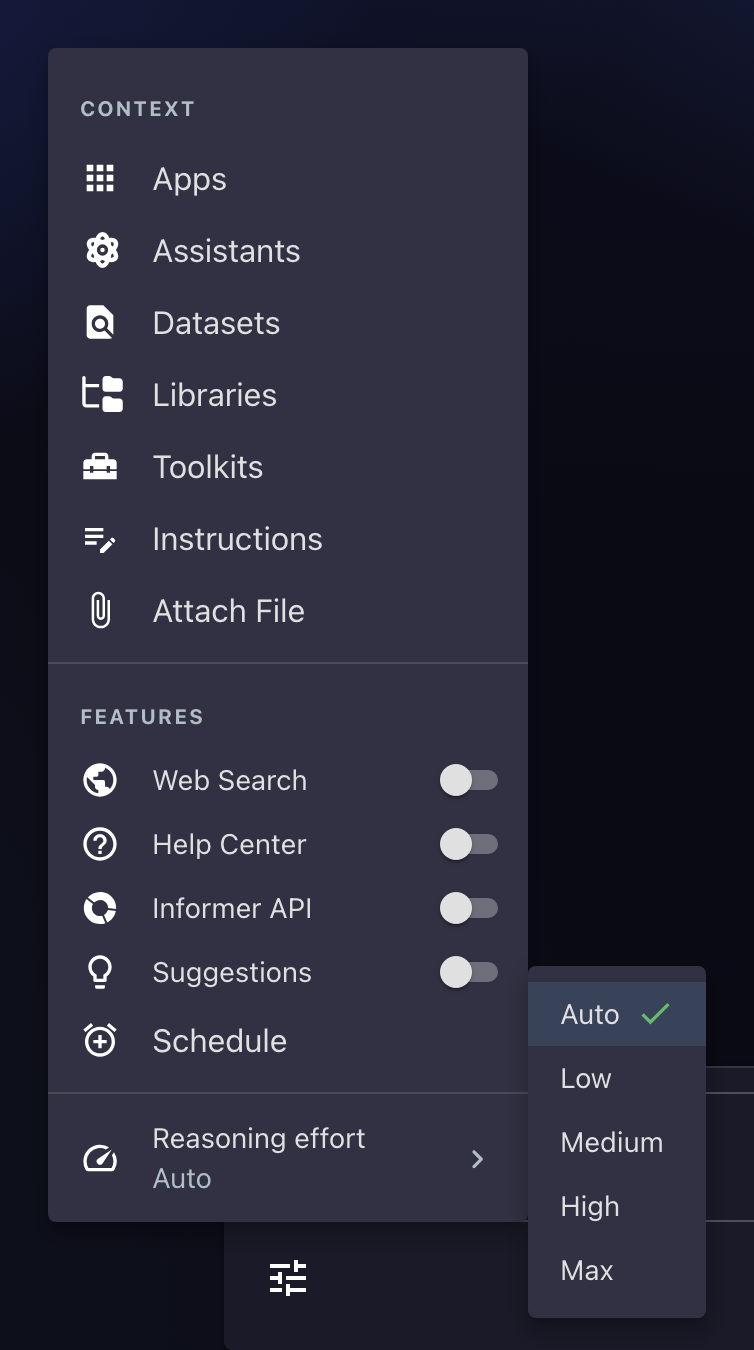 The Settings & Tools menu with its Reasoning effort item open: a flyout listing Auto (checked), Low, Medium, High and Max