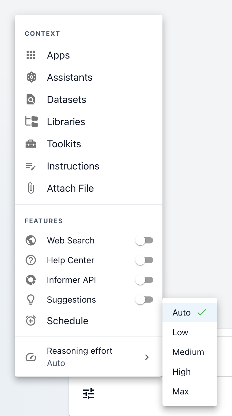 The Settings & Tools menu with its Reasoning effort item open: a flyout listing Auto (checked), Low, Medium, High and Max