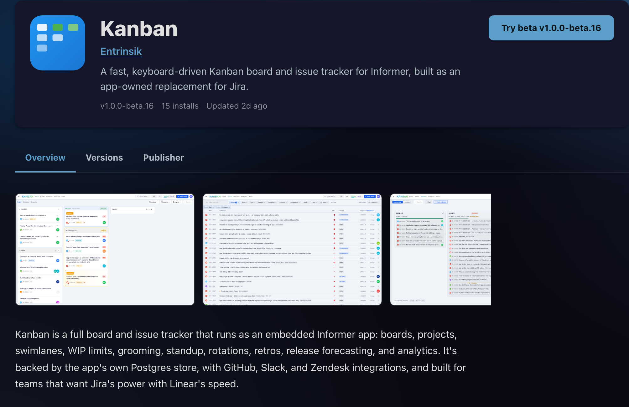 The Kanban listing showing its icon, publisher link, description, version and install count, the install button, and the Overview, Versions and Publisher tabs
