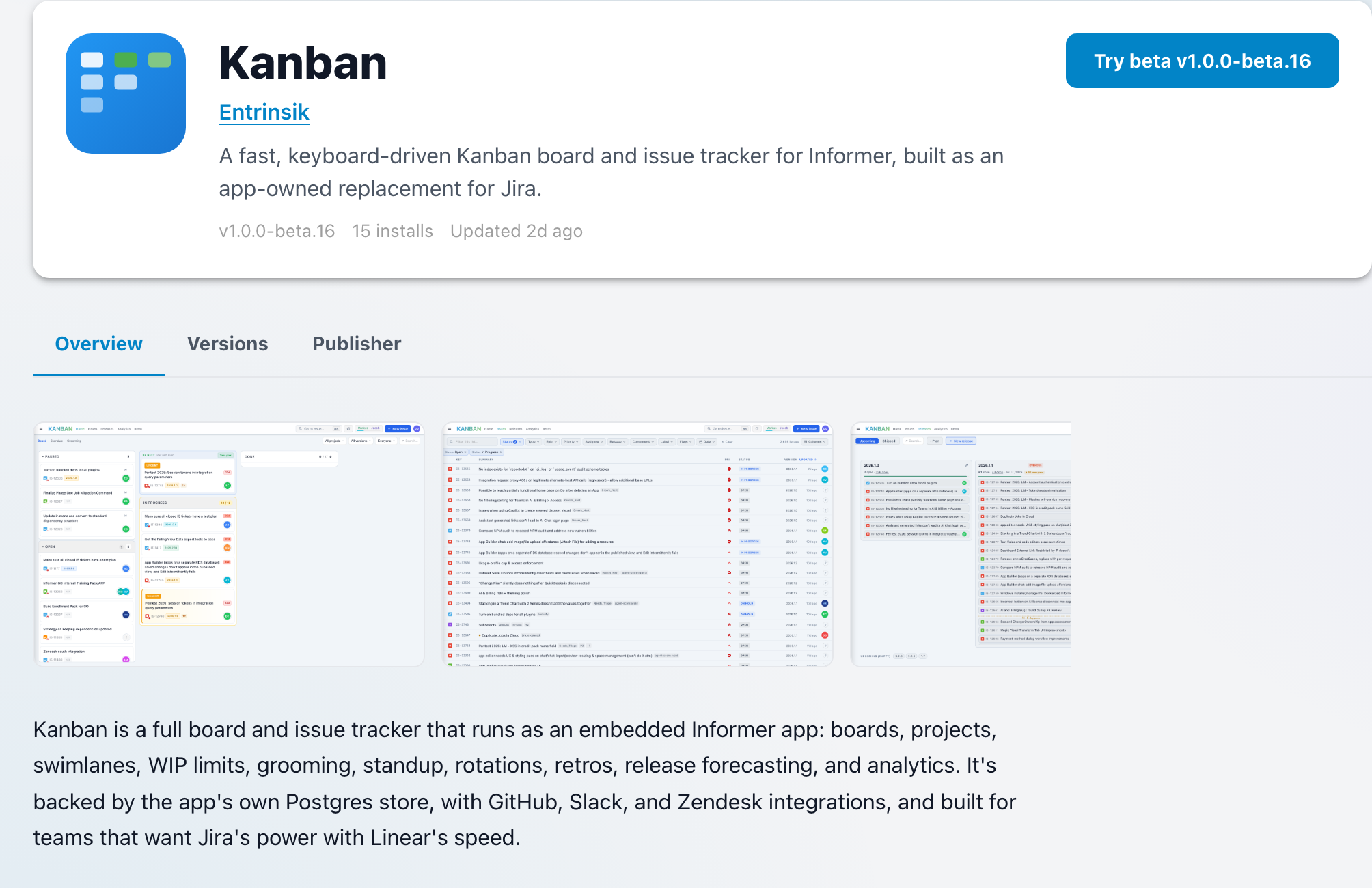 The Kanban listing showing its icon, publisher link, description, version and install count, the install button, and the Overview, Versions and Publisher tabs